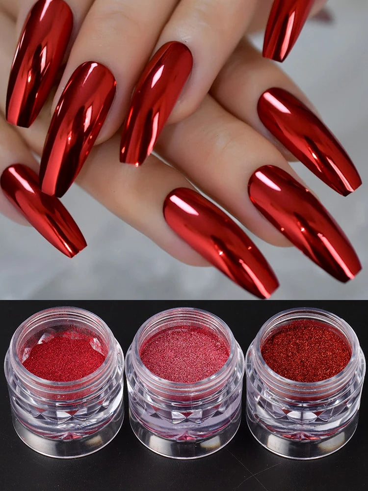 Poudre de chrome rouge Pigment d’ongles Miroir métallique Nail Art Poudre de paillettes Poussière de frottement Charmes Ongles Décorations Manucure