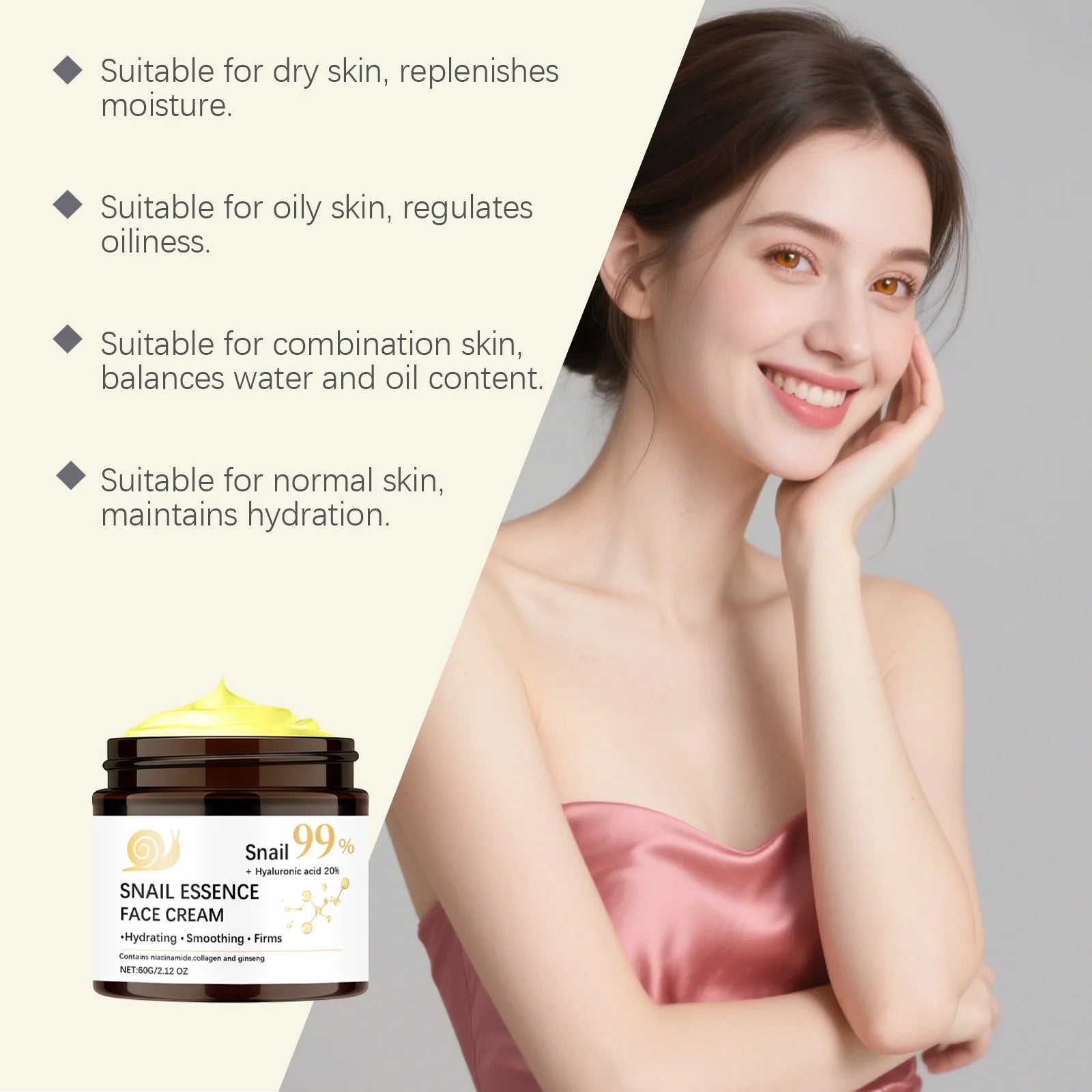 Crème hydratante pour le visage d’escargot 99 % d’essence d’escargot Acide hyaluronique 20 % de lifting raffermissant de la peau Barrière de réparation Soins de la peau 60g