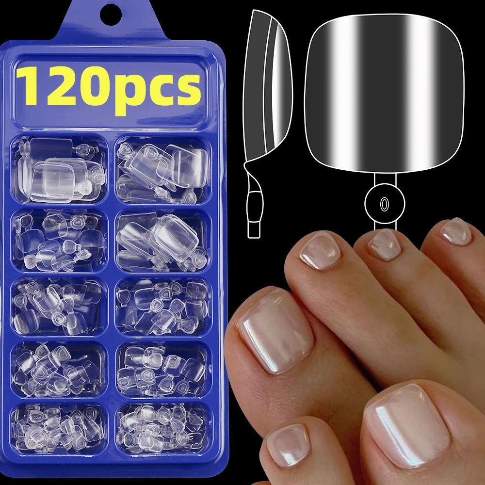120 pièces/boîte pointe française ongles à pression système de couleur rose forme carrée ongles de pied longueur courte finition brillante faux ongles