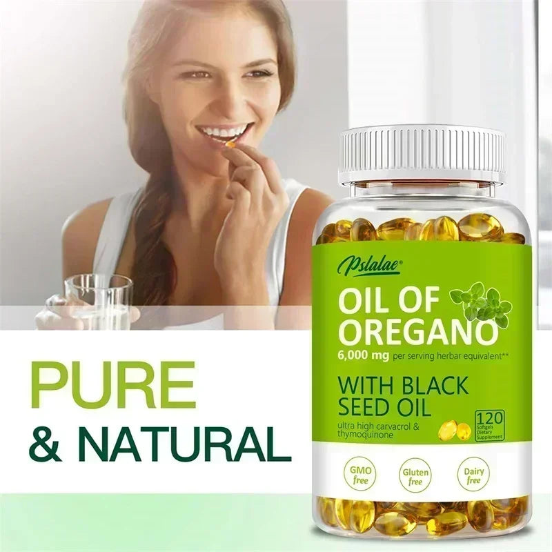 Gélules d'huile d'organo - avec huile de graines d'organo et noires, pour la digestion, soulage le gonflage, augmente l'immunité, antioxydant - 120 pièces