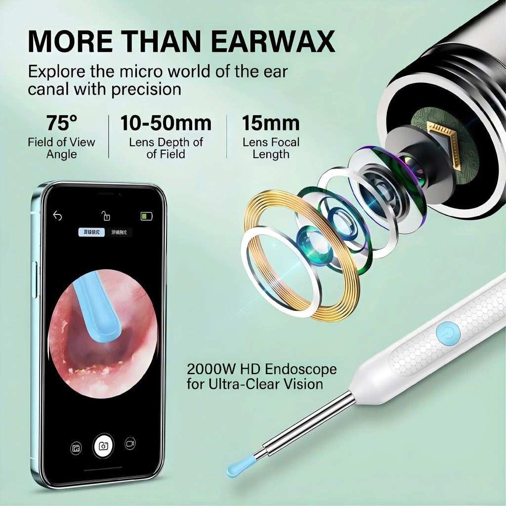 Outil de nettoyage d'oreilles sans fil avec caméra - Nettoyeur d'oreilles visuel étanche IP67 avec lumière LED et curette en silicone souple pour usage domestique