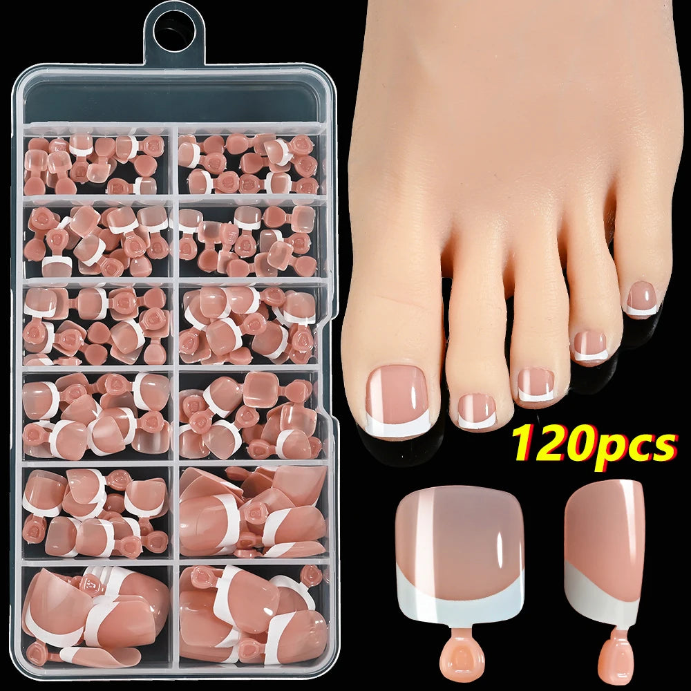 120 pièces/boîte pointe française ongles à pression système de couleur rose forme carrée ongles de pied longueur courte finition brillante faux ongles
