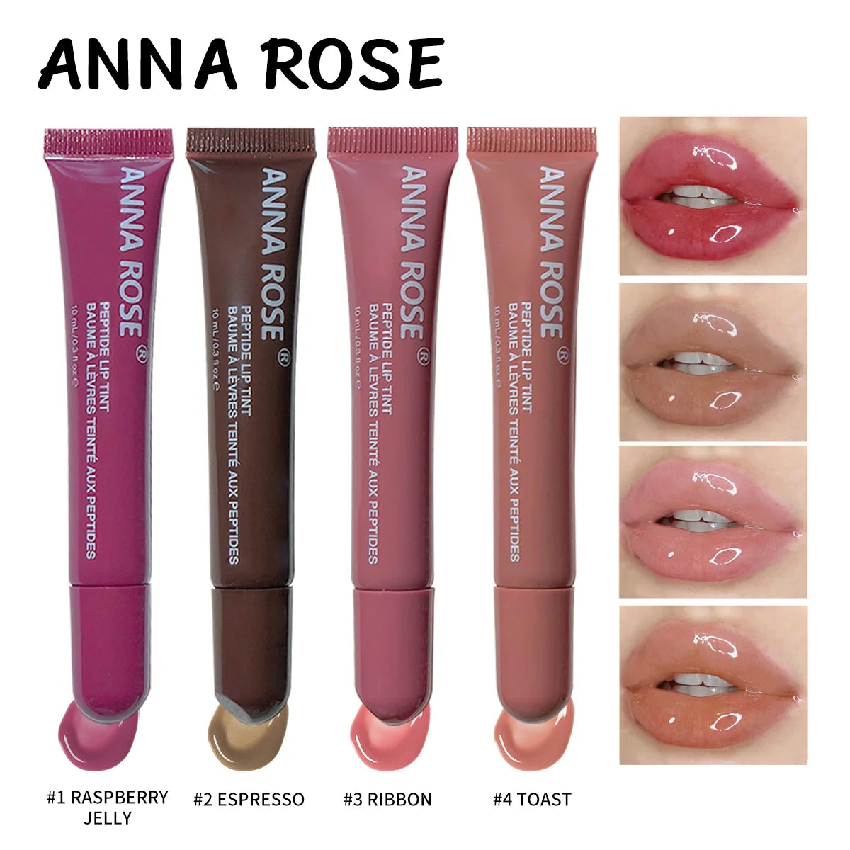 Ensemble de teinture pour lèvres infusée de peptide - 4 teintes de brillant de gelée, brillant à lèvres hydratant, couleur de lèvres brillante longue durée