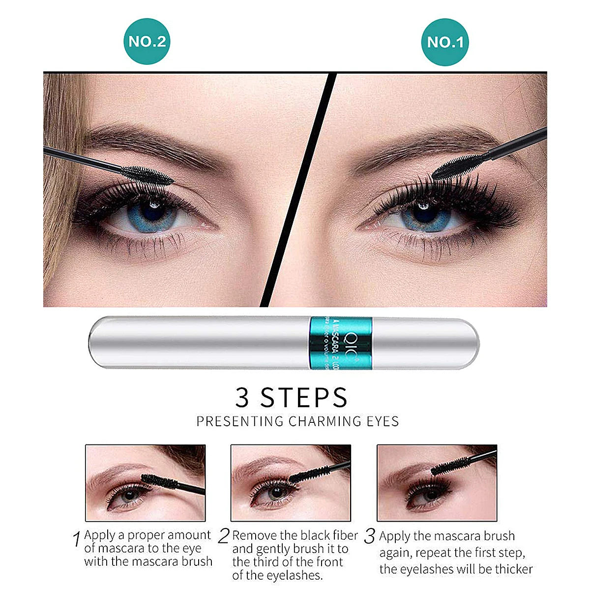 InjFiber-Mascara imperméable double en un, extension de cils, noir, optique, allongement des cils, cosmétiques