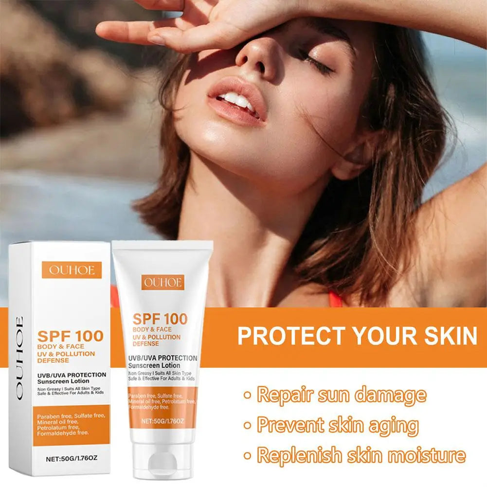 Lotion solaire Spf100, lumière hydratante et rafraîchissante, Non grasse, prévient les coups de soleil du visage et du corps, bloqueur solaire pour le visage