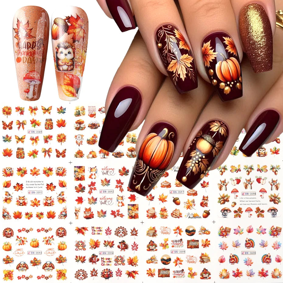 Autocollants de transfert d'eau pour ongles, feuilles d'érable d'automne, curseur, hérisson, écureuil, feuille d'automne, dinde, décorations