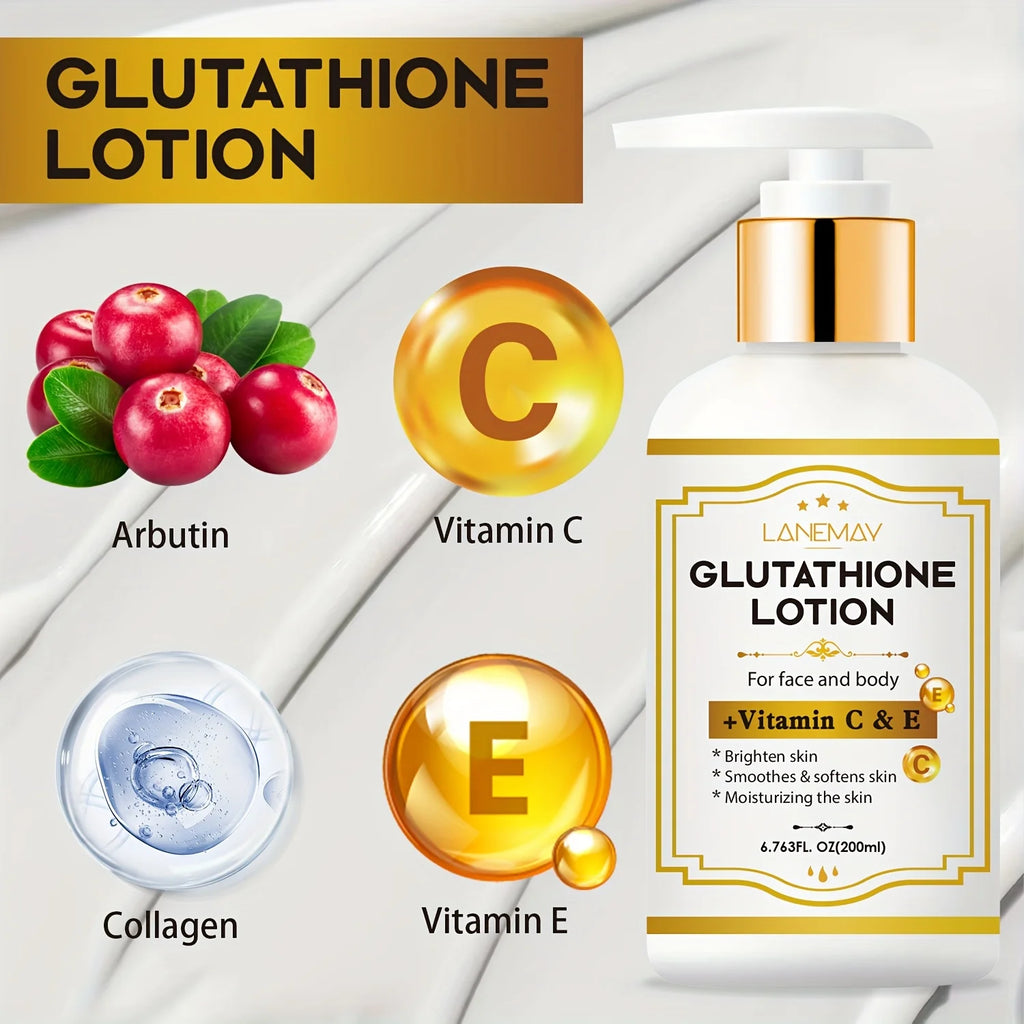 Loción de glutatión con vitamina C y E - Aclarante, humectante e hidratante para rostro y cuerpo para pieles secas y agrietadas de color beige claro, sin parabenos