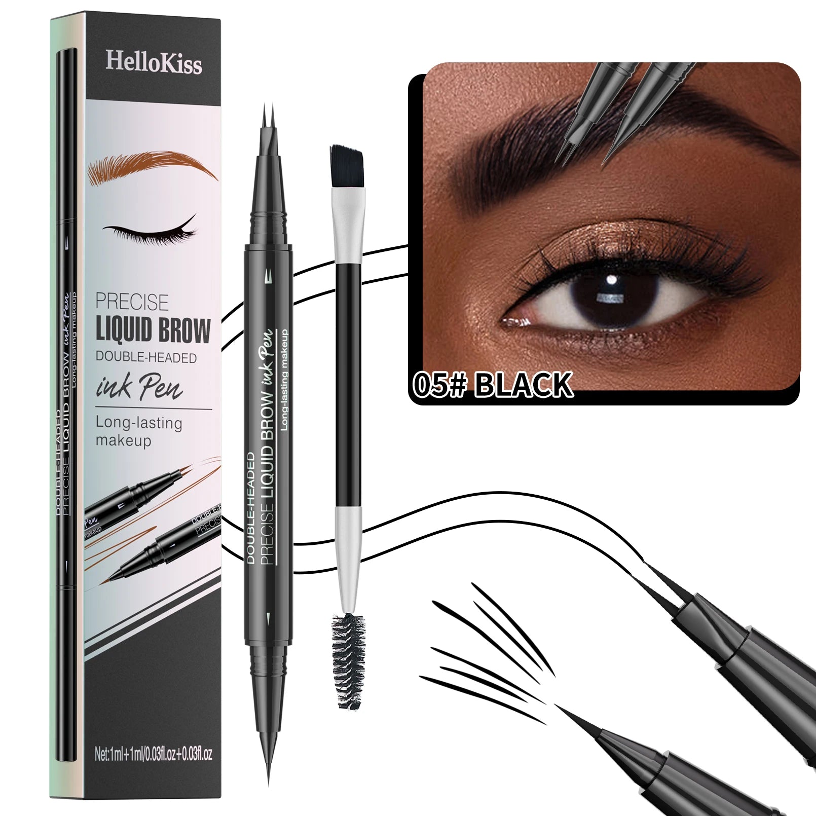Crayon à sourcils liquide à deux branches Hellokiss, crayon à sourcils liquide à double extrémité sauvage 2 en 1 imperméable et résistant à la transpiration