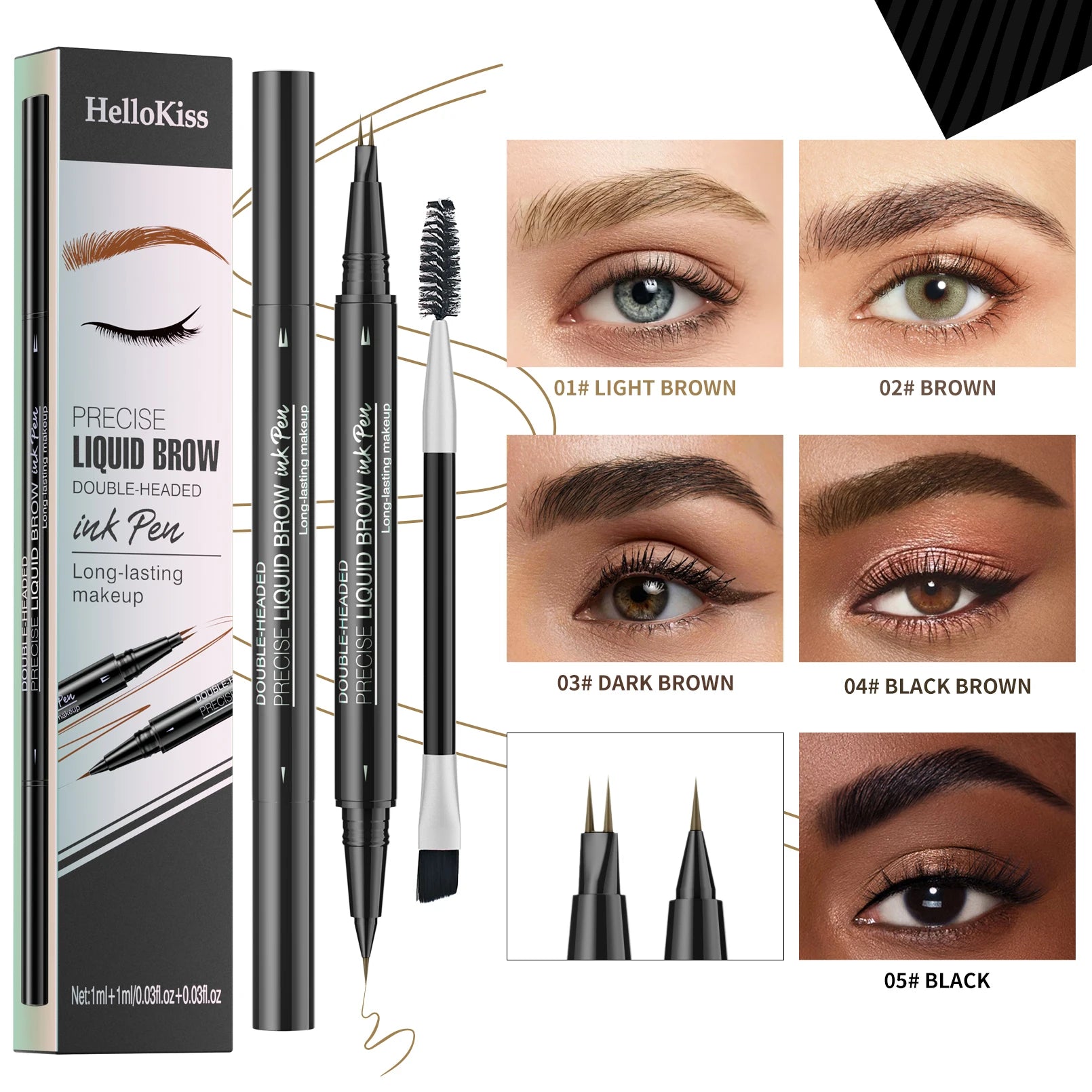 Crayon à sourcils liquide à deux branches Hellokiss, crayon à sourcils liquide à double extrémité sauvage 2 en 1 imperméable et résistant à la transpiration
