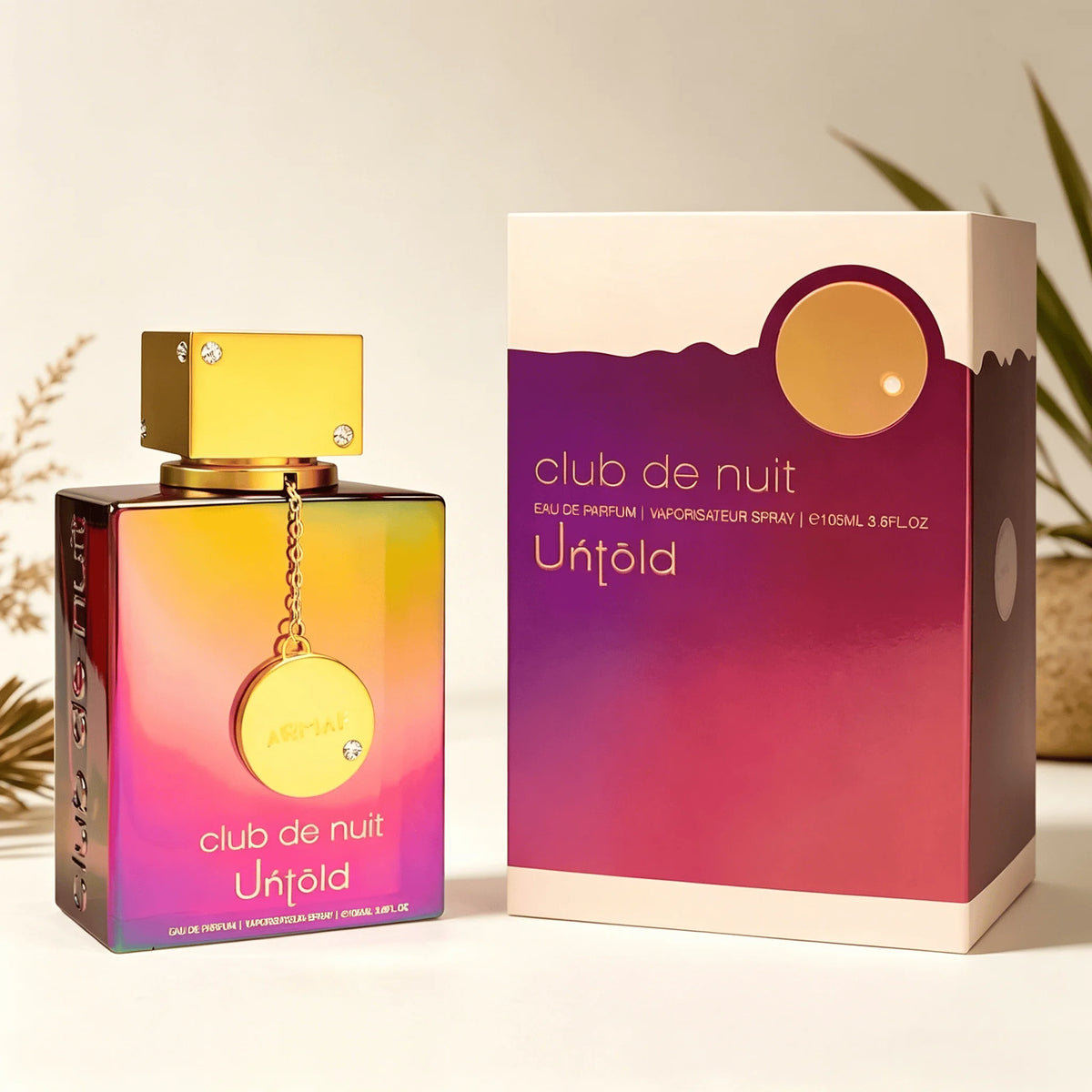 ARMFA Club De Nuit Untold Eau de Parfum 105ML avec coffret cadeau original Sunset Gradient, parfum longue tenue, riche, floral, vanillé, musqué, pour femme, flacon carré irisé arc-en-ciel, bouchon avec chaîne dorée, par