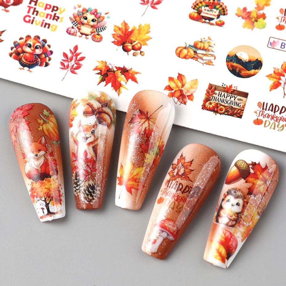 Autocollants de transfert d'eau pour ongles, feuilles d'érable d'automne, curseur, hérisson, écureuil, feuille d'automne, dinde, décorations
