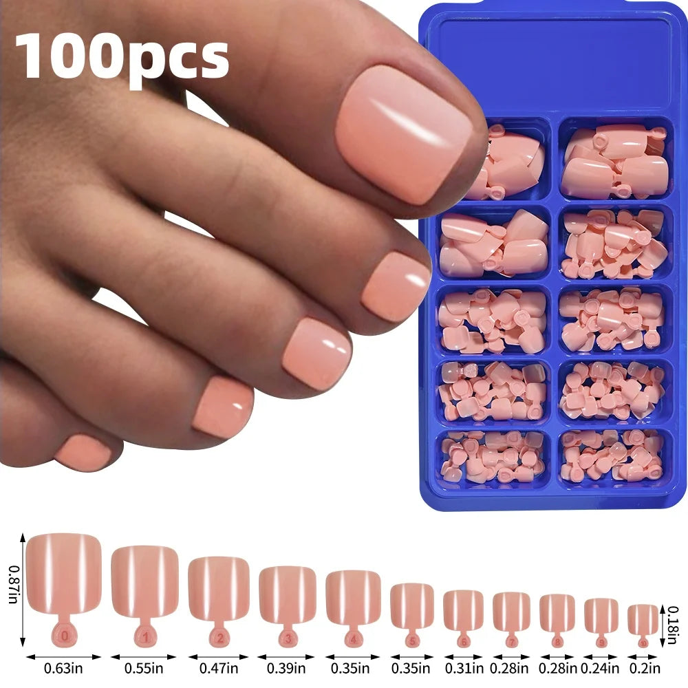 120 pièces/boîte pointe française ongles à pression système de couleur rose forme carrée ongles de pied longueur courte finition brillante faux ongles