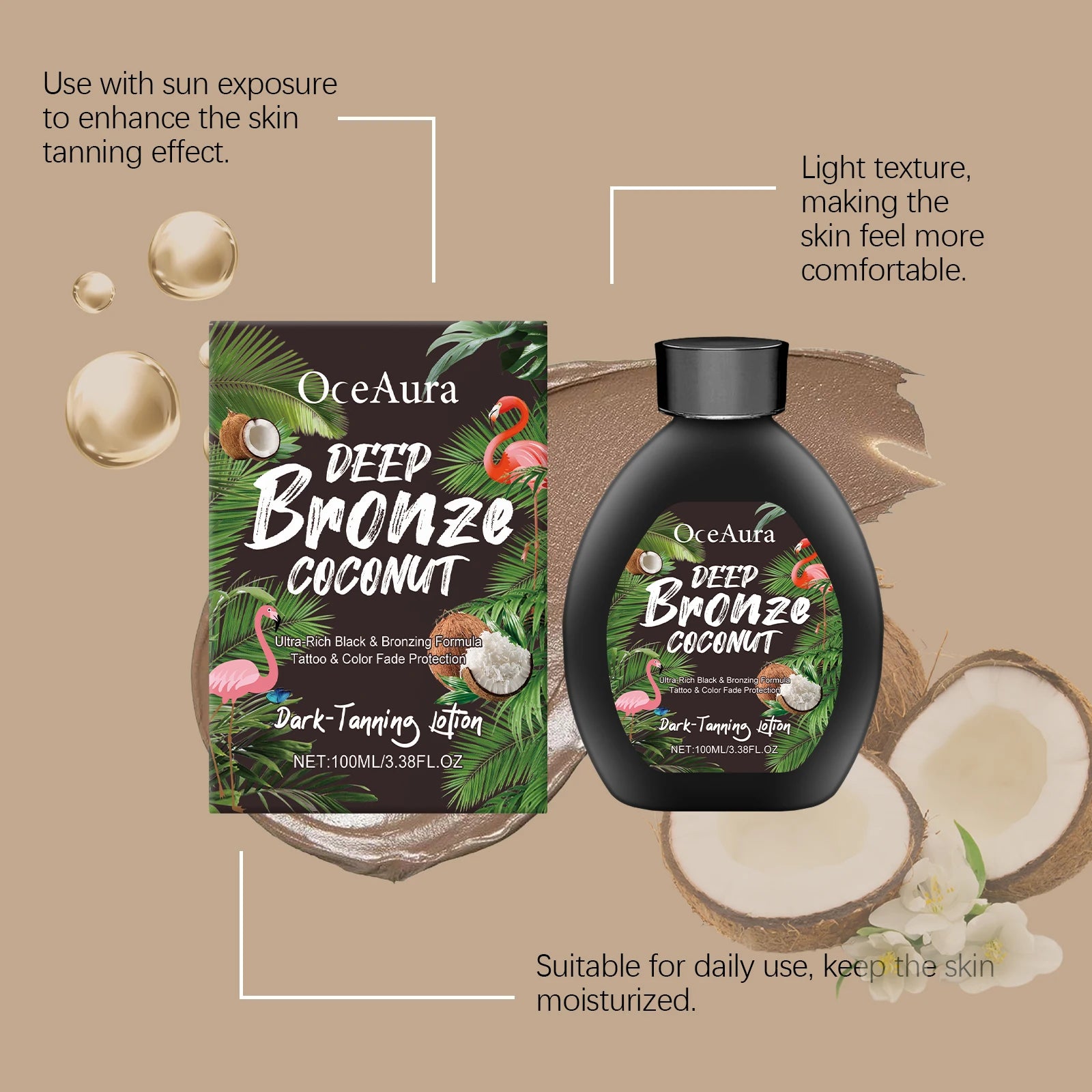 Lotion bronzante à la noix de coco, autobronzant, rehausseur de bronzage, booster d'assombrissement, hydratant, brun doré sexy, lotion autobronzante