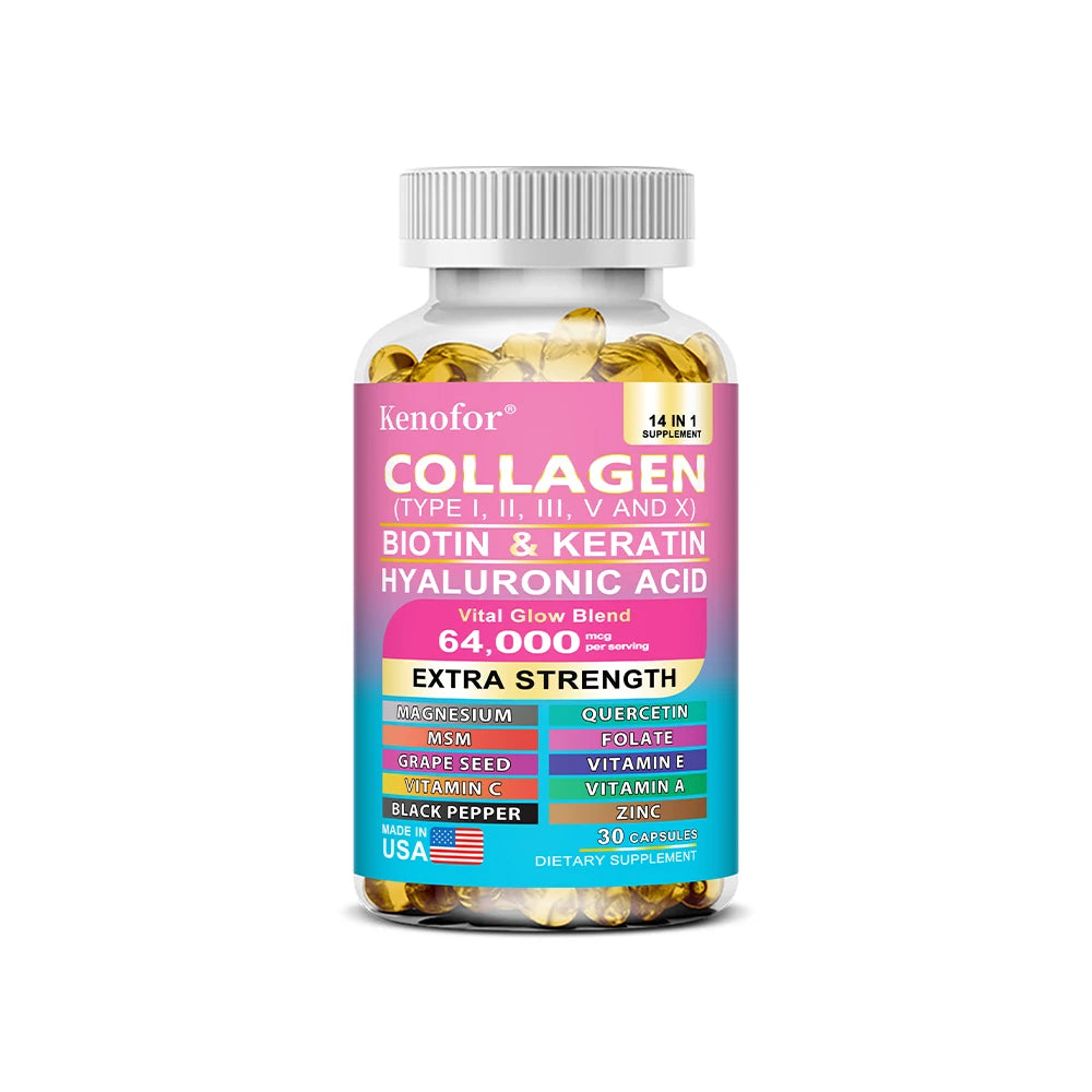 Capsules de collagène 14 en 1, produit de soins pour la peau à la biotine et à la kératine, Booster, Anti-vieillissement, blanchiment de la peau, supplément de soins des ongles et des cheveux