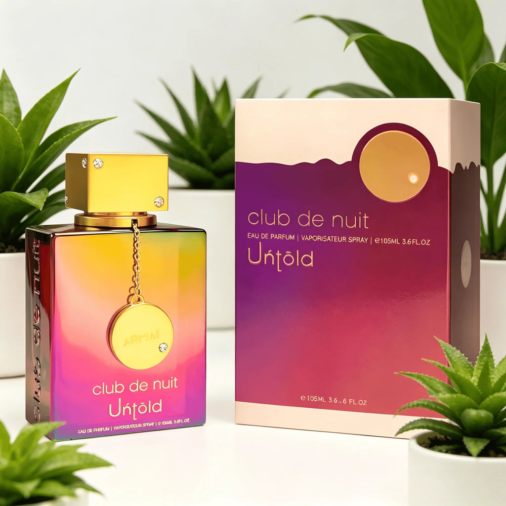 ARMFA Club De Nuit Untold Eau de Parfum 105ML avec coffret cadeau original Sunset Gradient, parfum longue tenue, riche, floral, vanillé, musqué, pour femme, flacon carré irisé arc-en-ciel, bouchon avec chaîne dorée, par