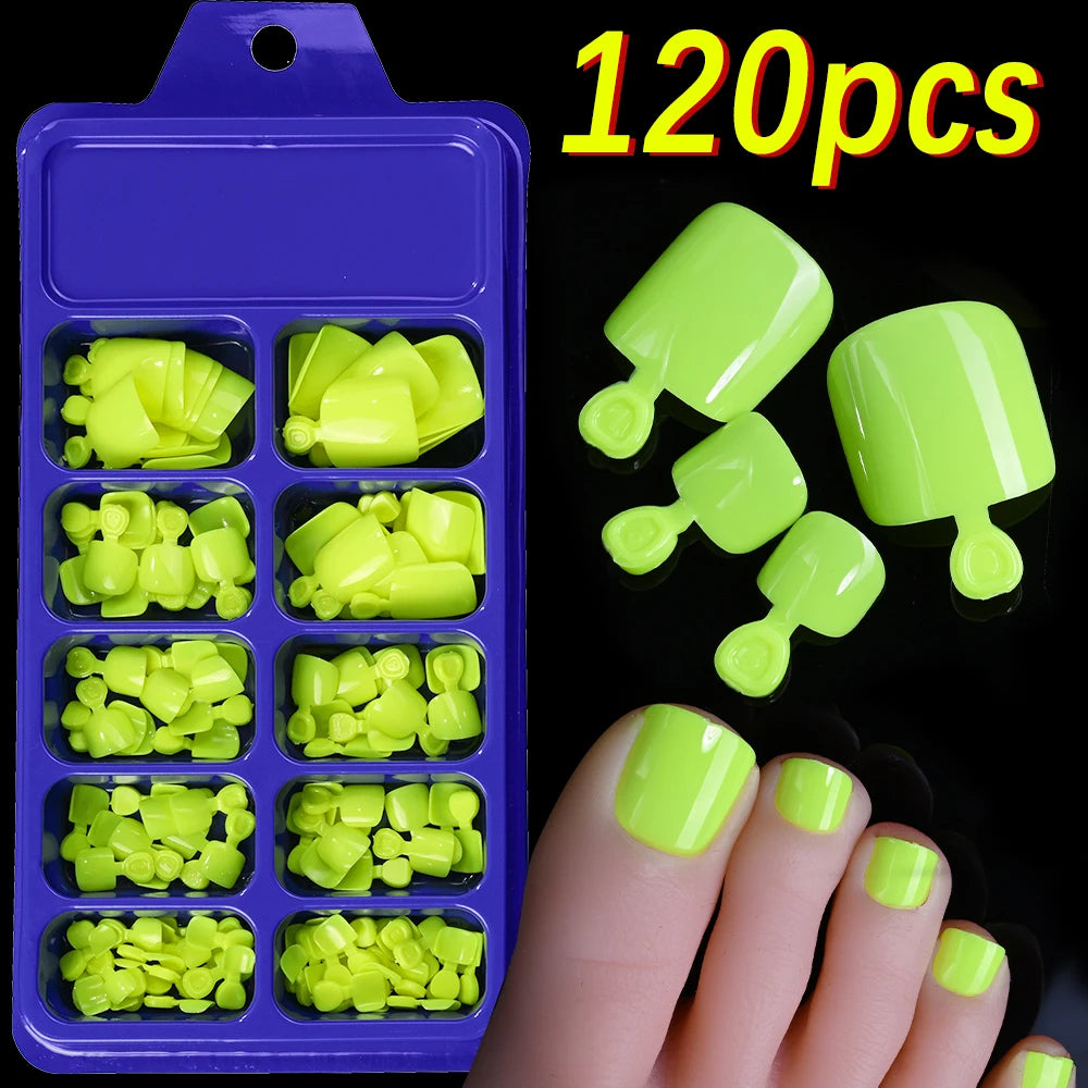 120 pièces/boîte pointe française ongles à pression système de couleur rose forme carrée ongles de pied longueur courte finition brillante faux ongles