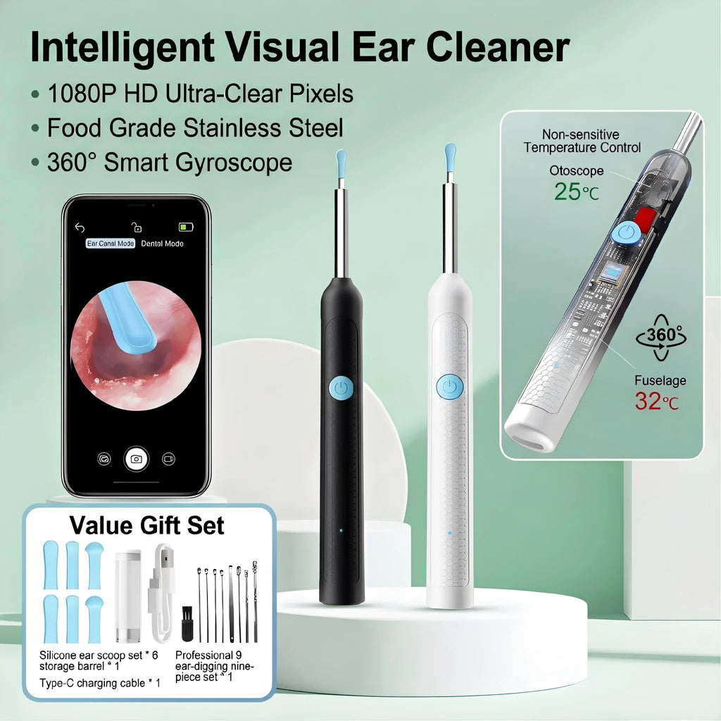 Outil de nettoyage d'oreilles sans fil avec caméra - Nettoyeur d'oreilles visuel étanche IP67 avec lumière LED et curette en silicone souple pour usage domestique