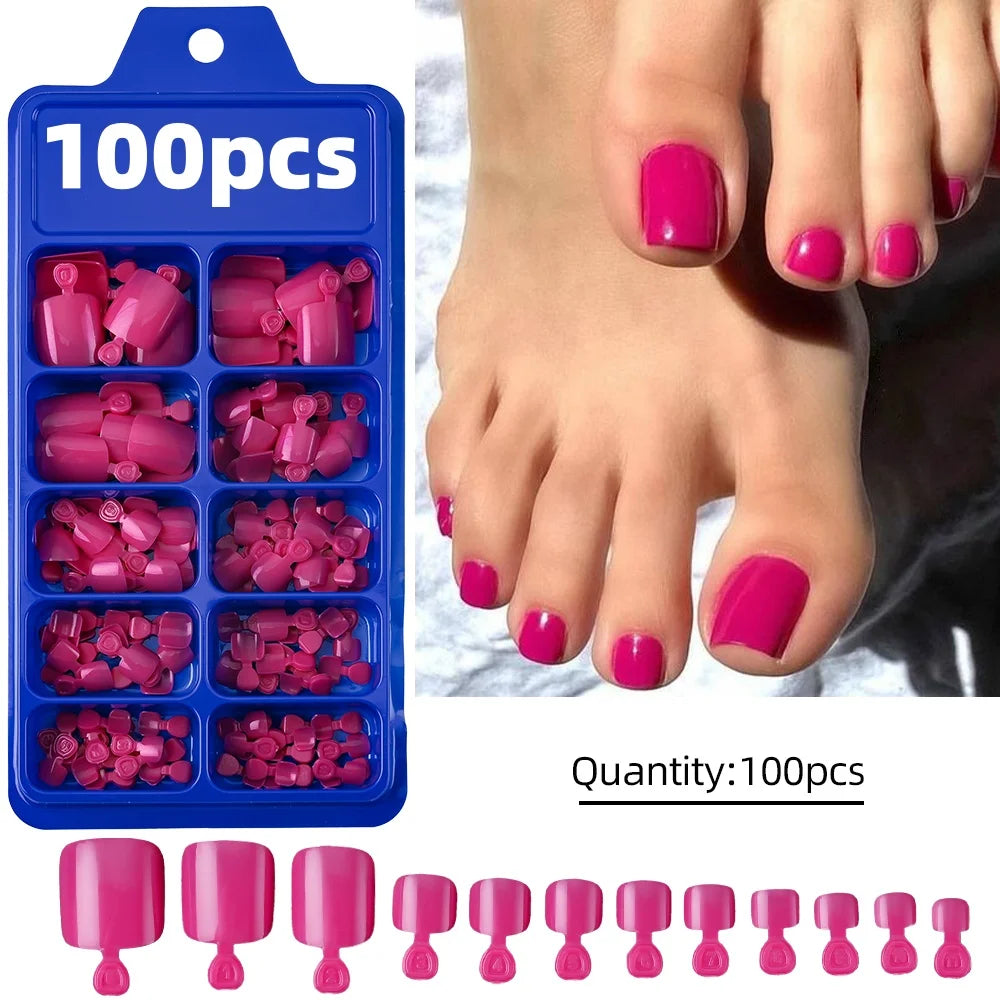 120 pièces/boîte pointe française ongles à pression système de couleur rose forme carrée ongles de pied longueur courte finition brillante faux ongles