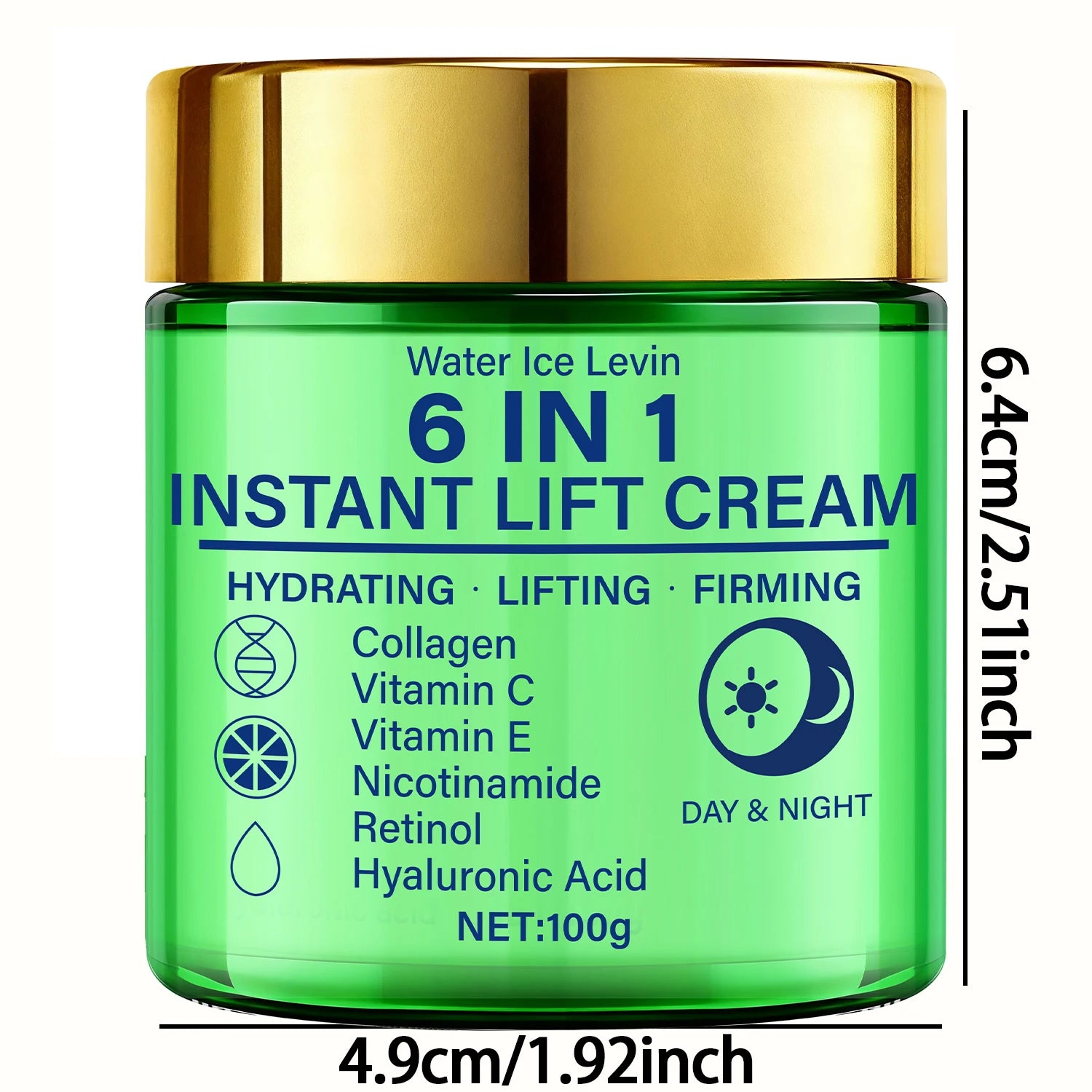 Crème liftante instantanée 6 en 1, mélange de collagène, vitamine C, rétinol. Hydrate, soulever, raffermit la peau. Utilisation jour et nuit. Serrage visible. 100g.
