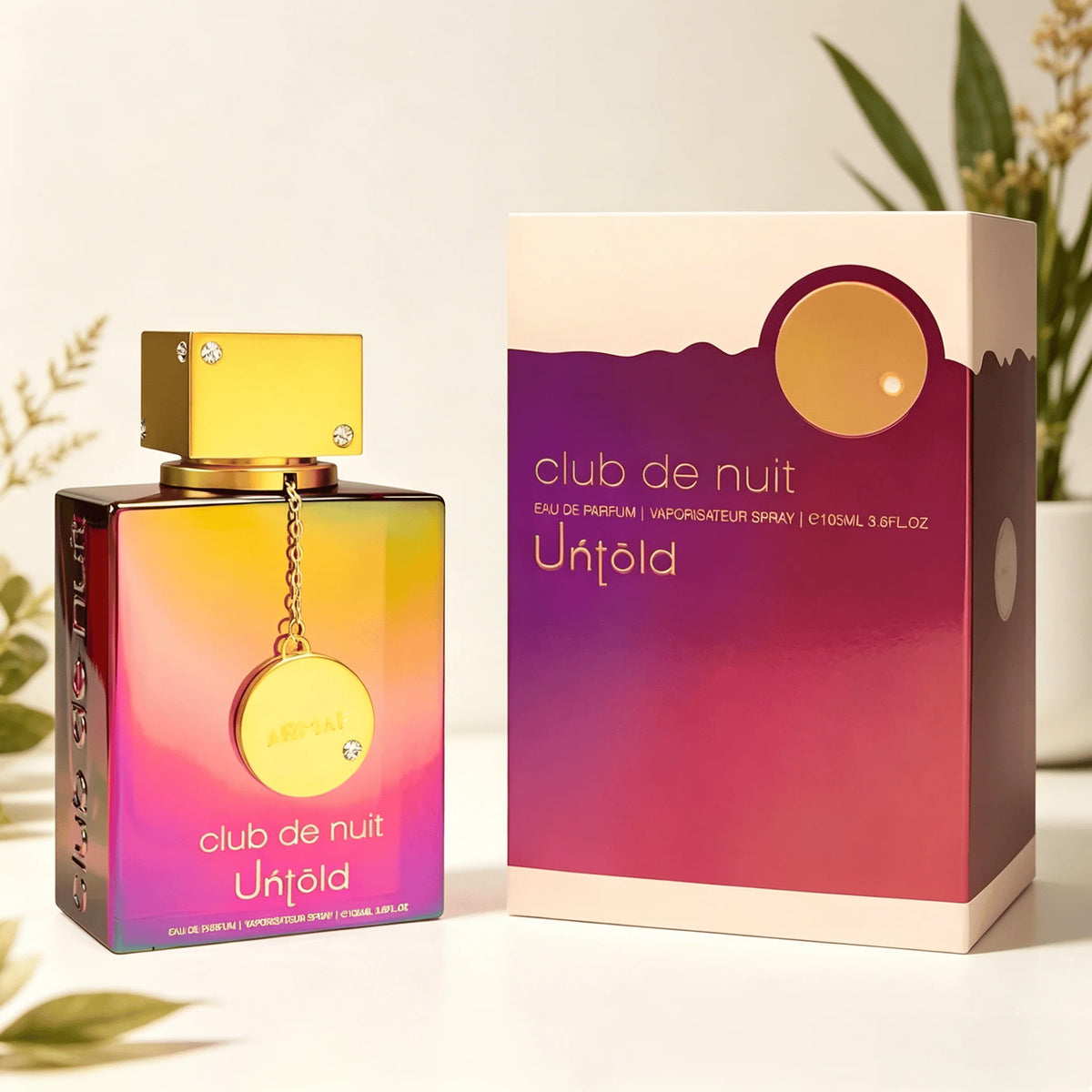 ARMFA Club De Nuit Untold Eau de Parfum 105ML avec coffret cadeau original Sunset Gradient, parfum longue tenue, riche, floral, vanillé, musqué, pour femme, flacon carré irisé arc-en-ciel, bouchon avec chaîne dorée, par