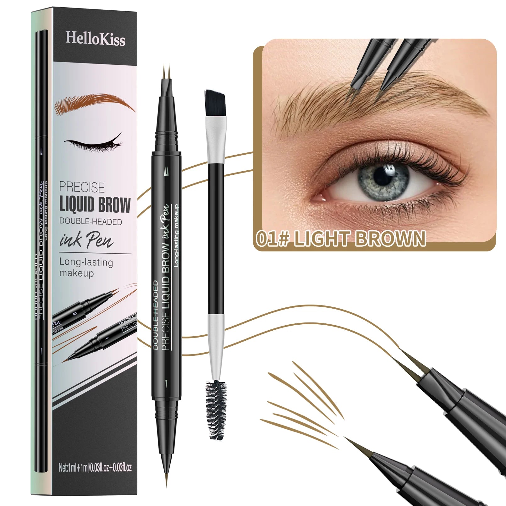 Crayon à sourcils liquide à deux branches Hellokiss, crayon à sourcils liquide à double extrémité sauvage 2 en 1 imperméable et résistant à la transpiration