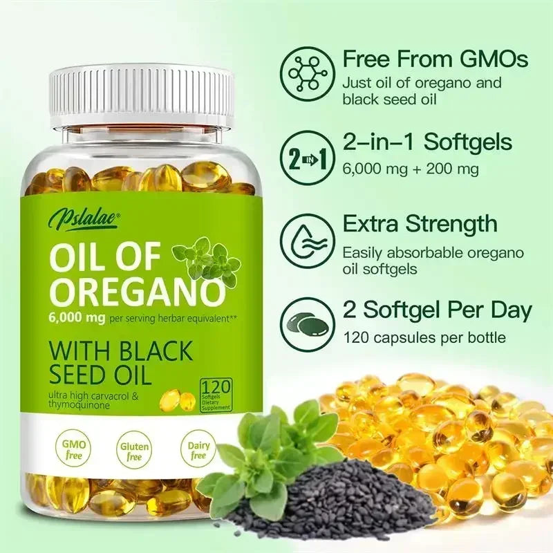 Gélules d'huile d'organo - avec huile de graines d'organo et noires, pour la digestion, soulage le gonflage, augmente l'immunité, antioxydant - 120 pièces