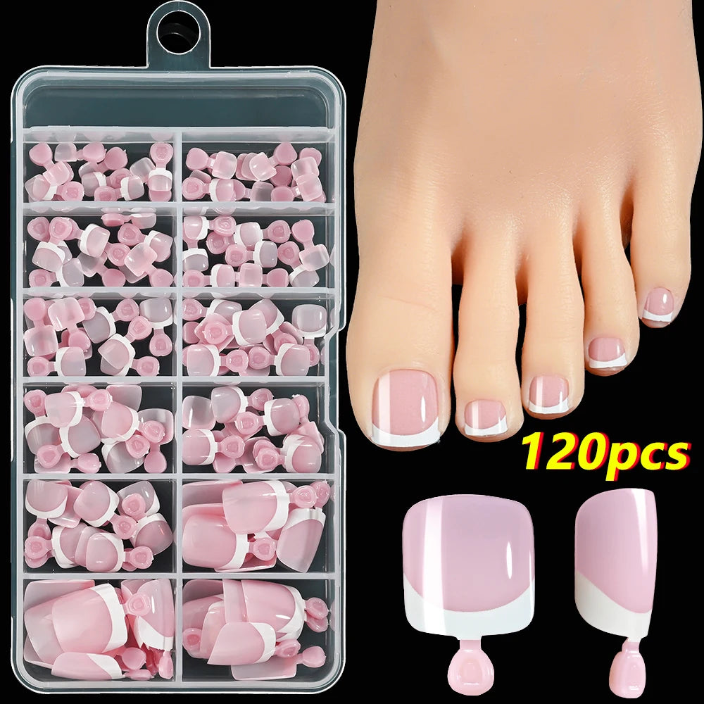 120 pièces/boîte pointe française ongles à pression système de couleur rose forme carrée ongles de pied longueur courte finition brillante faux ongles