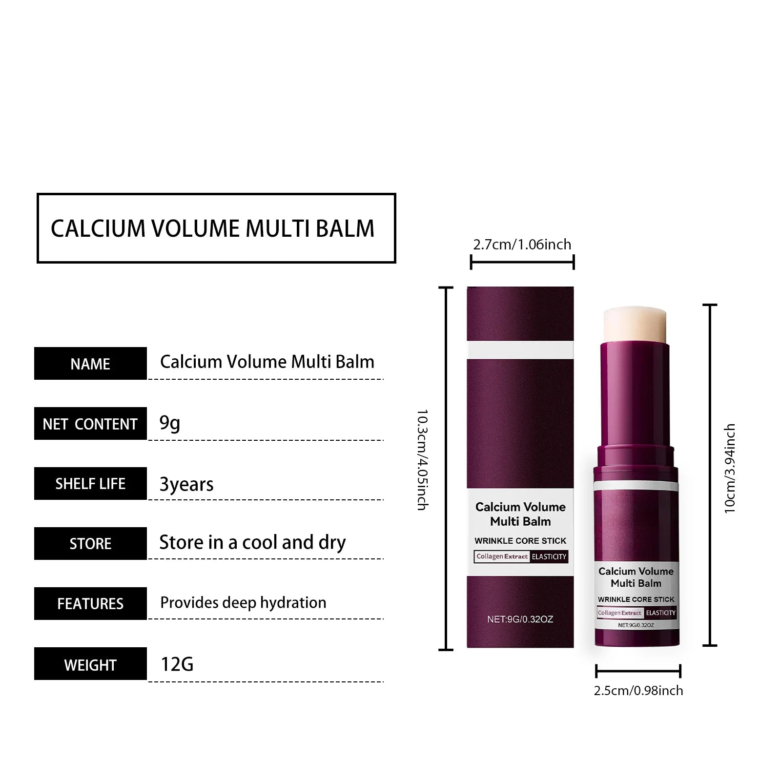 Baume Multi-Usages au Calcium Hydratant Anti-Âge Atténue les Rides Raffermissant Éclaircissant Nourrissant au Collagène Stick Hydratant