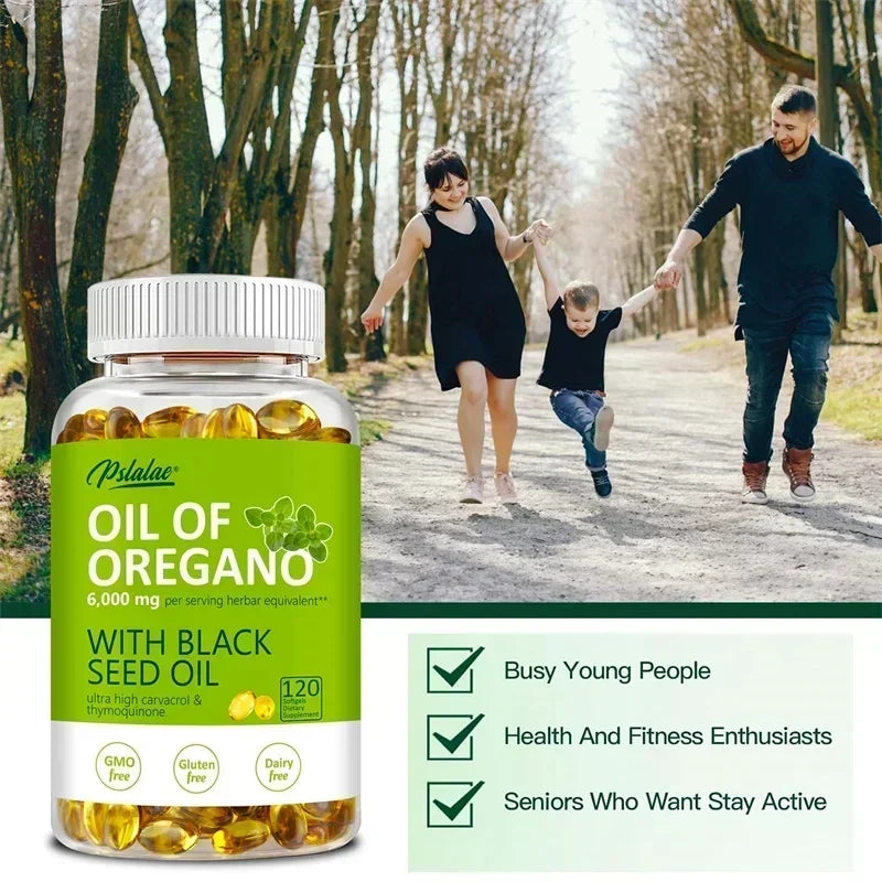 Gélules d'huile d'organo - avec huile de graines d'organo et noires, pour la digestion, soulage le gonflage, augmente l'immunité, antioxydant - 120 pièces