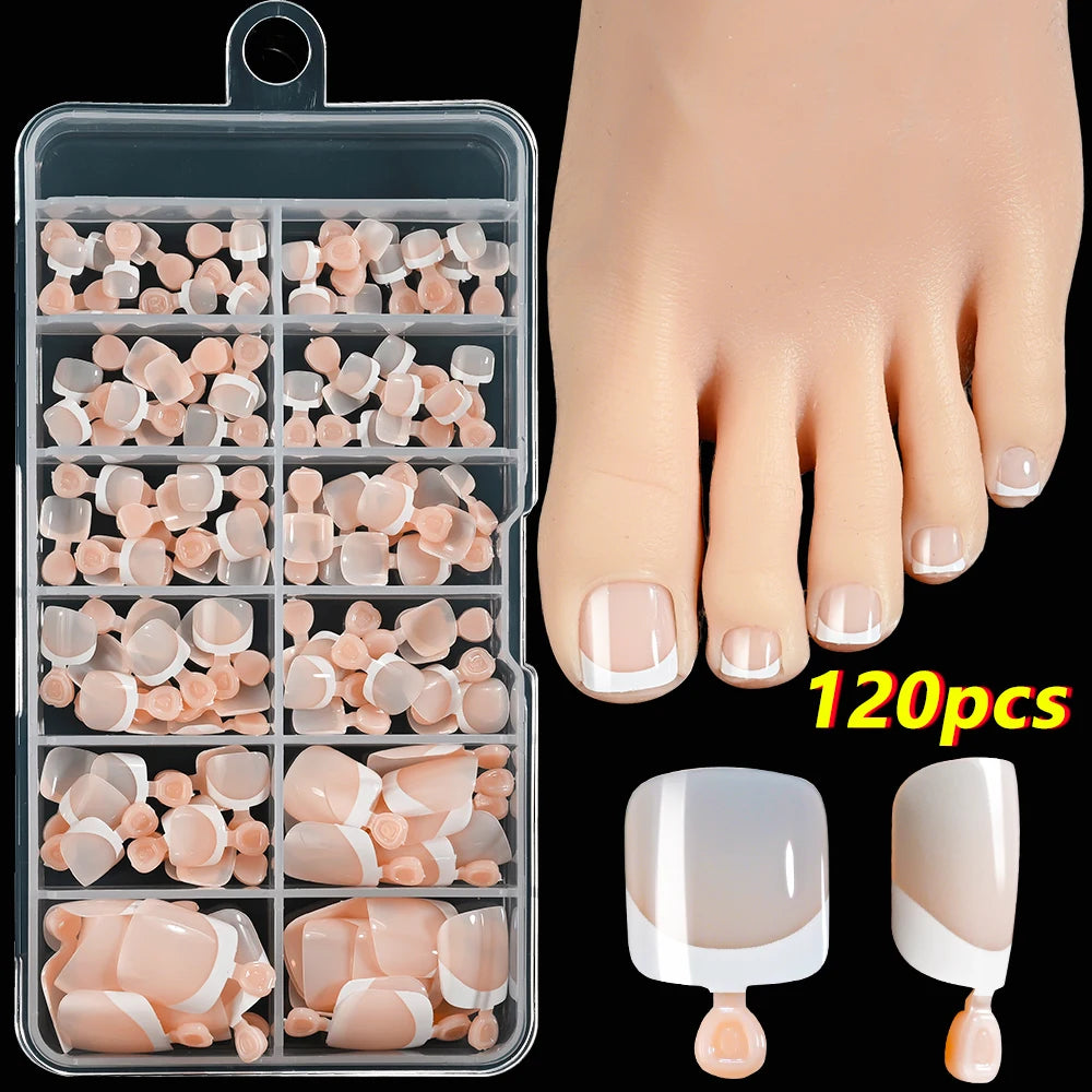 120 pièces/boîte pointe française ongles à pression système de couleur rose forme carrée ongles de pied longueur courte finition brillante faux ongles