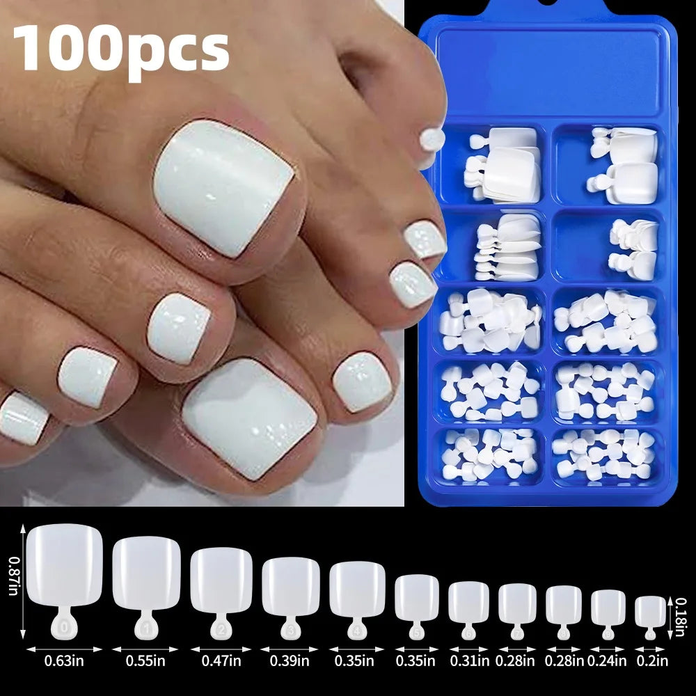 120 pièces/boîte pointe française ongles à pression système de couleur rose forme carrée ongles de pied longueur courte finition brillante faux ongles