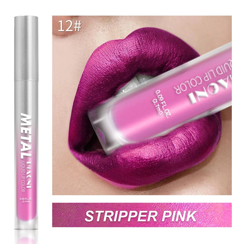 Rouge à lèvres liquide à brillant métallique, 12 couleurs, nacré, imperméable, brillant à lèvres, anti-taches, maquillage glamour pour les lèvres