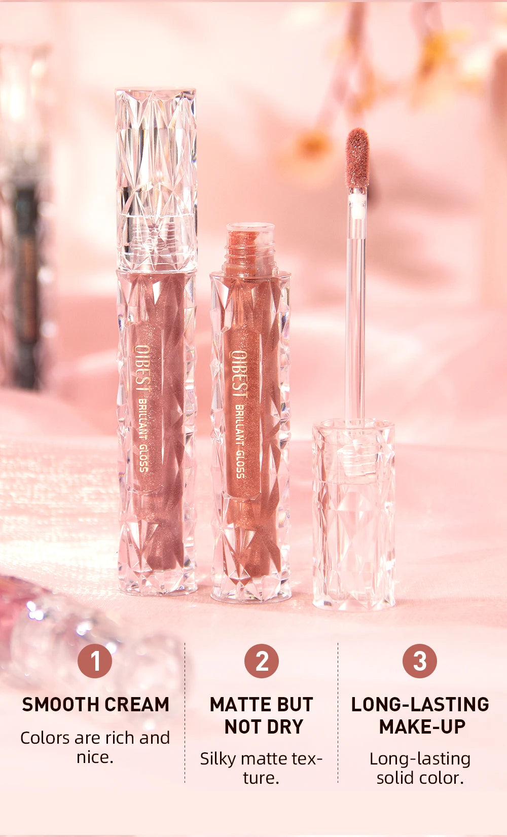 QIBEST diamant liquide rouge à lèvres hydratant longue durée violet scintillant imperméable brillant à lèvres cosmétiques mat paillettes rouge à lèvres