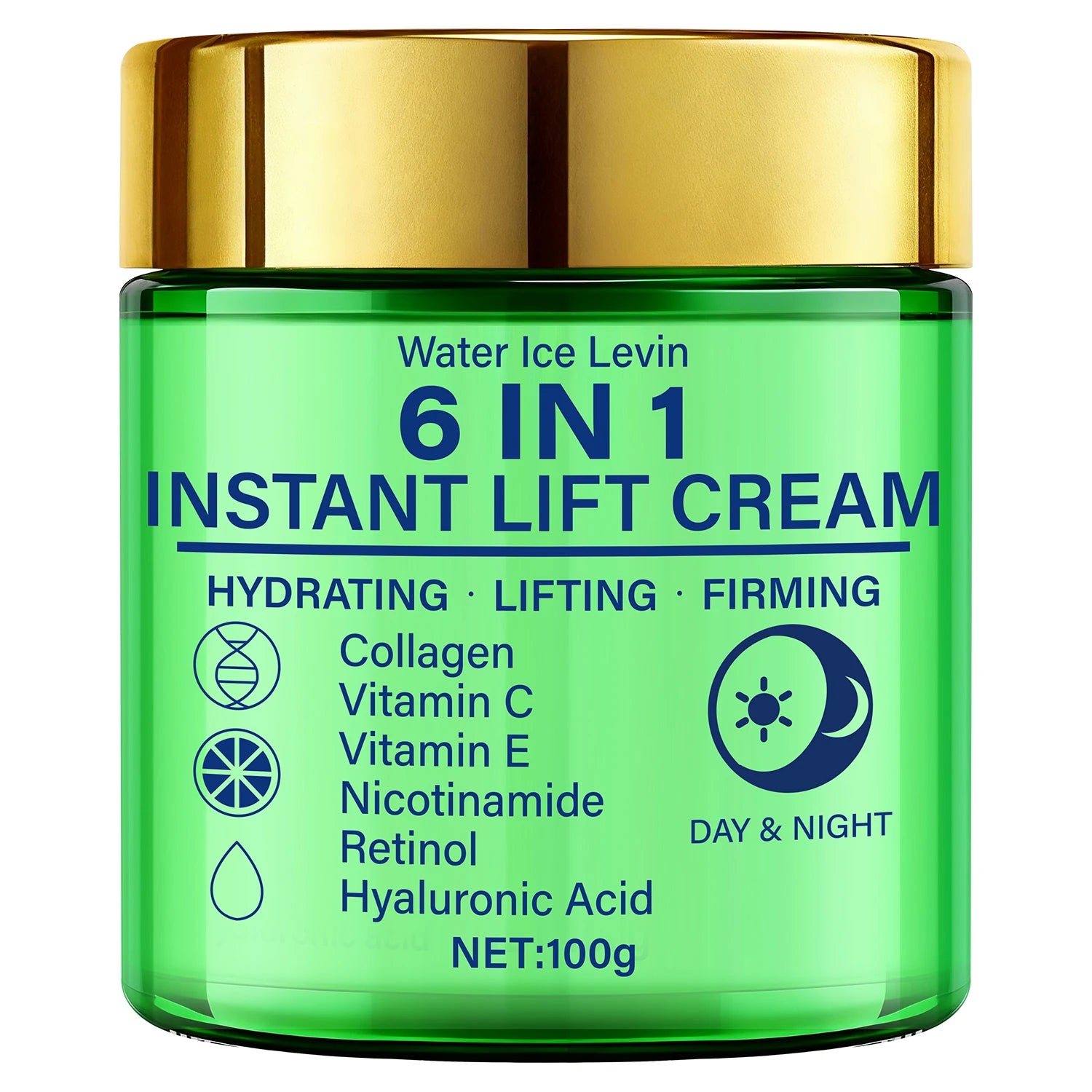 Crème liftante instantanée 6 en 1, mélange de collagène, vitamine C, rétinol. Hydrate, soulever, raffermit la peau. Utilisation jour et nuit. Serrage visible. 100g.