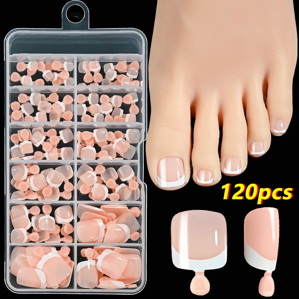120 pièces/boîte pointe française ongles à pression système de couleur rose forme carrée ongles de pied longueur courte finition brillante faux ongles