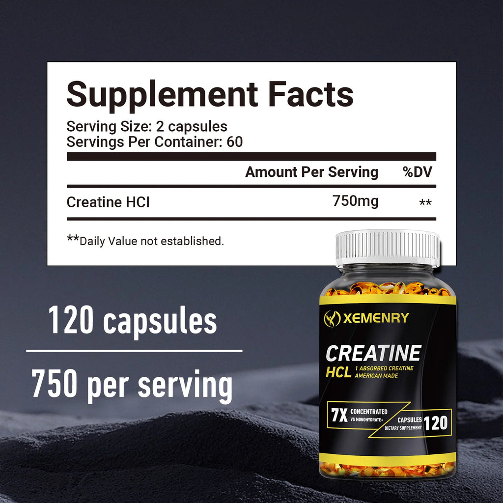 Creatine HCl - Améliore l'endurance énergétique et la masse musculaire, performances athlétiques améliorées - 120 gélules