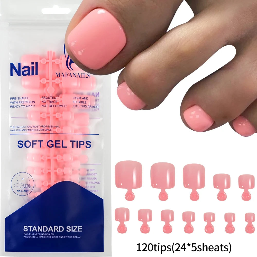 120 pièces/boîte pointe française ongles à pression système de couleur rose forme carrée ongles de pied longueur courte finition brillante faux ongles