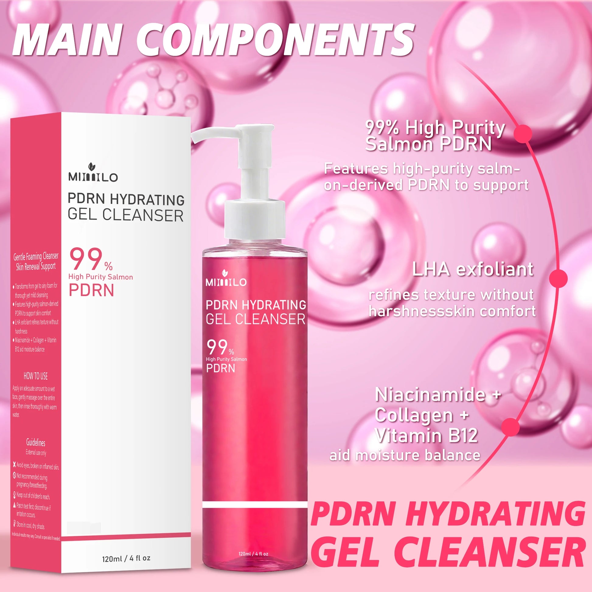 DNA PDRN Gel nettoyant pour la mousse rose de saumon, contenant du PDRN, contrôle l’huile, élimine les points noirs, nettoie en profondeur, n’est pas irritant
