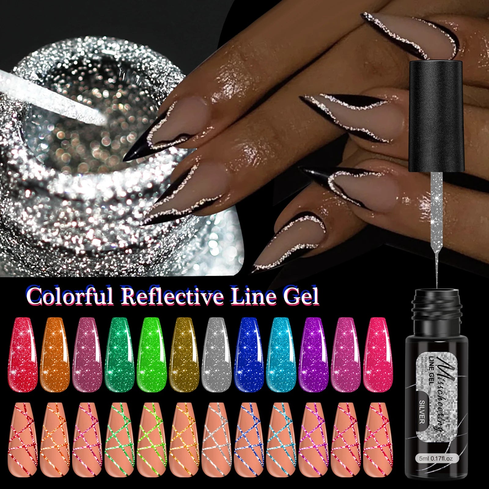 Gold Silver Glitter Liner Gel Nail Polish Super Bright Sparkling Glow In Dark French Line Semi Permanent Nail Painting UV Gel