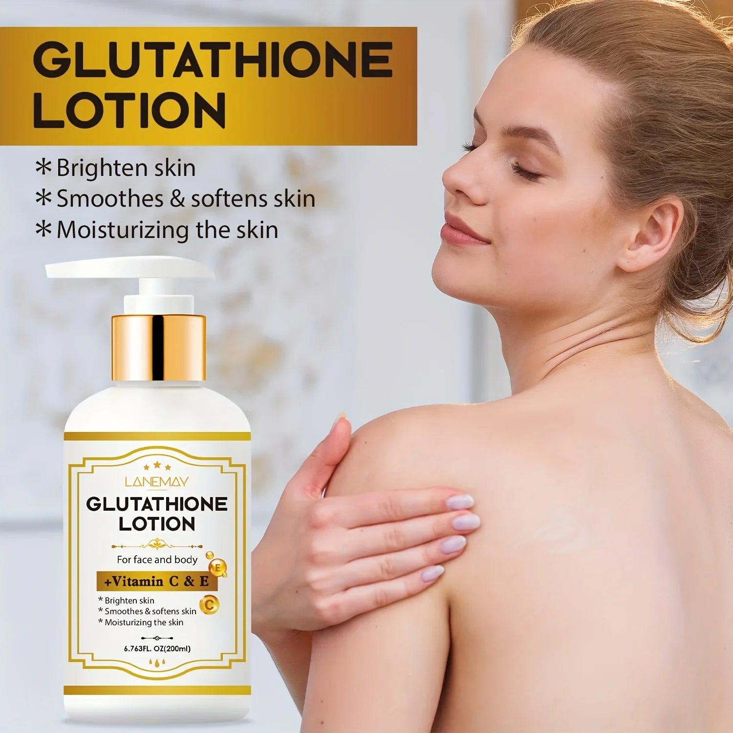 Lotion au glutathion avec vitamine C&E - Éclaircissant, hydratant et hydratant pour le visage et le corps pour le beige clair sec et fissuré, sans parabène