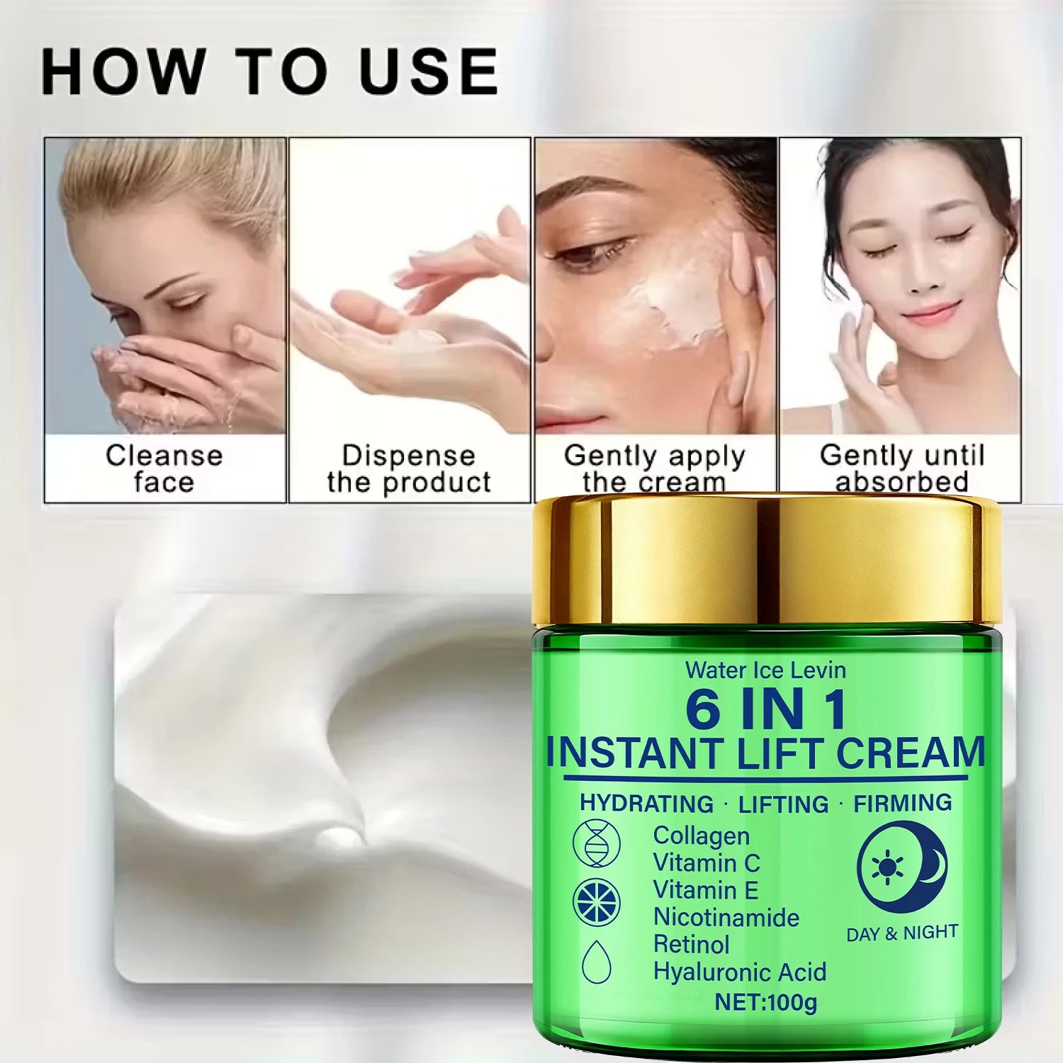 Crème liftante instantanée 6 en 1, mélange de collagène, vitamine C, rétinol. Hydrate, soulever, raffermit la peau. Utilisation jour et nuit. Serrage visible. 100g.