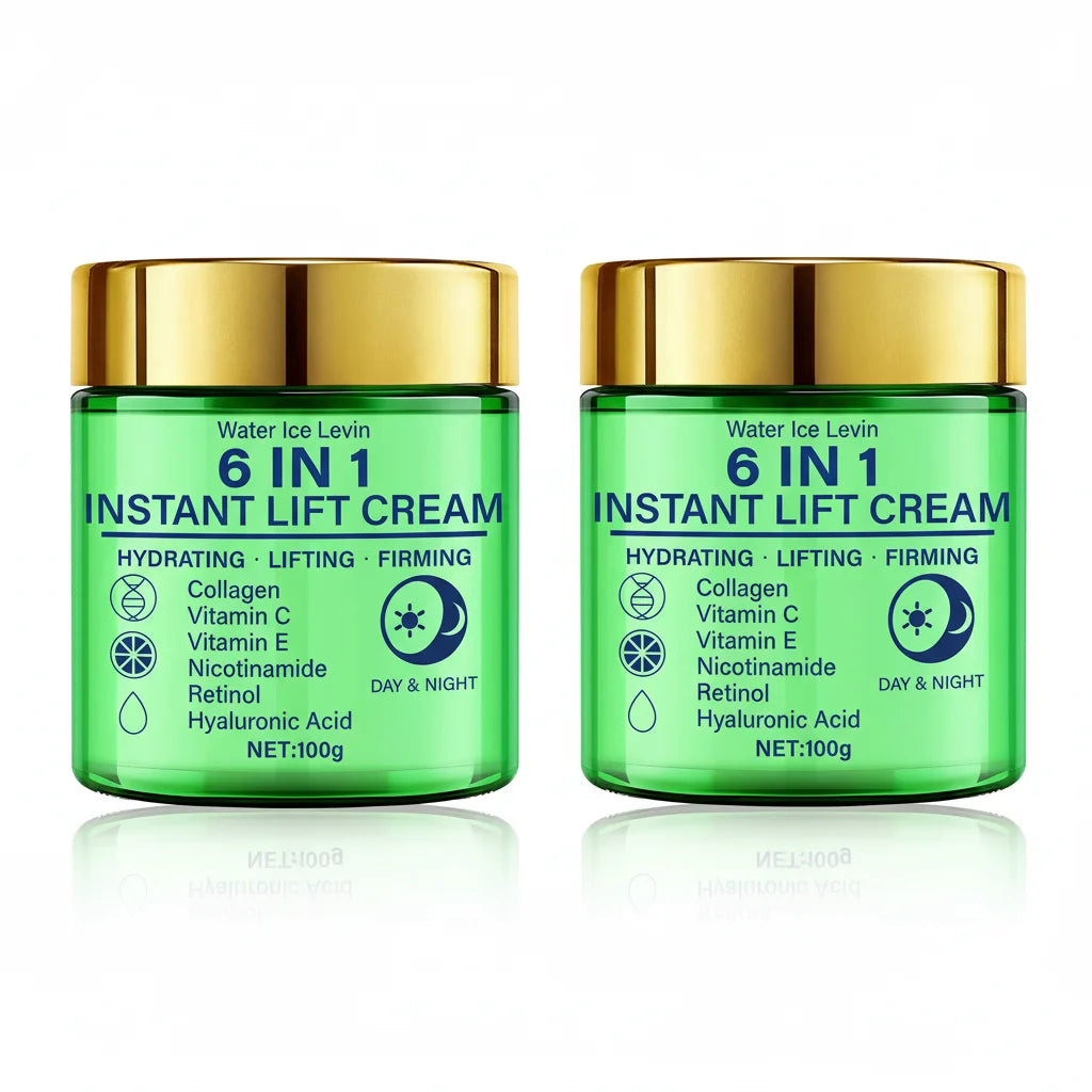 Crème liftante instantanée 6 en 1, mélange de collagène, vitamine C, rétinol. Hydrate, soulever, raffermit la peau. Utilisation jour et nuit. Serrage visible. 100g.