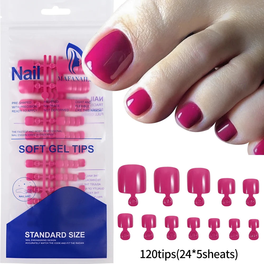 120 pièces/boîte pointe française ongles à pression système de couleur rose forme carrée ongles de pied longueur courte finition brillante faux ongles