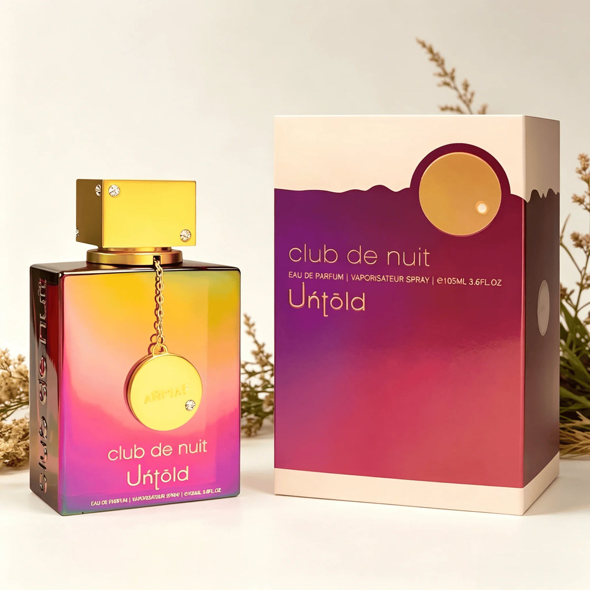 ARMFA Club De Nuit Untold Eau de Parfum 105ML avec coffret cadeau original Sunset Gradient, parfum longue tenue, riche, floral, vanillé, musqué, pour femme, flacon carré irisé arc-en-ciel, bouchon avec chaîne dorée, par