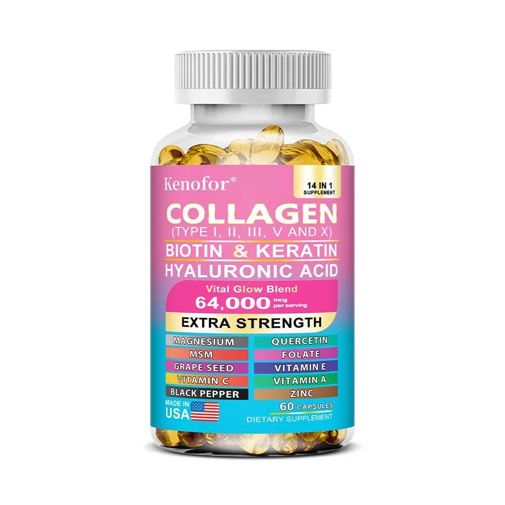 Capsules de collagène 14 en 1, produit de soins pour la peau à la biotine et à la kératine, Booster, Anti-vieillissement, blanchiment de la peau, supplément de soins des ongles et des cheveux